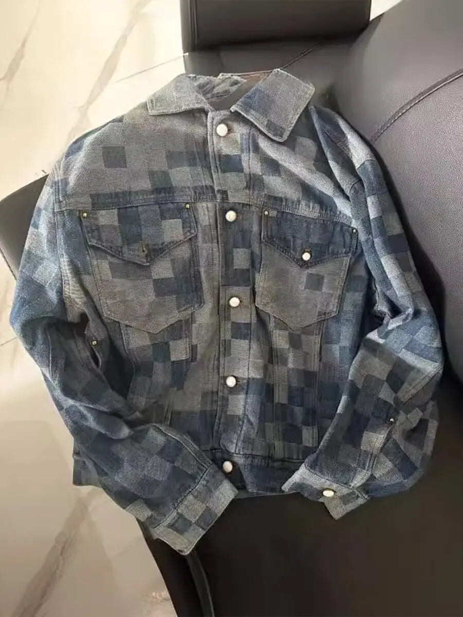 Vintage Loose Denim Jacket Trendy Men's Loose-Fit Jacket Men Streetwear Harajuku Style Plaid Coat Hip Hop Gothic Clothes
