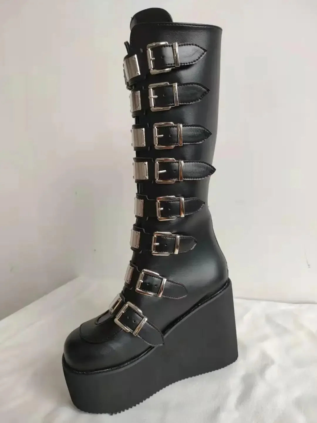 Women Boots Cosplay Ladies High Heel Platform Wedges Women High Boots  Buckle Strap Long Tube Leather Female Boots