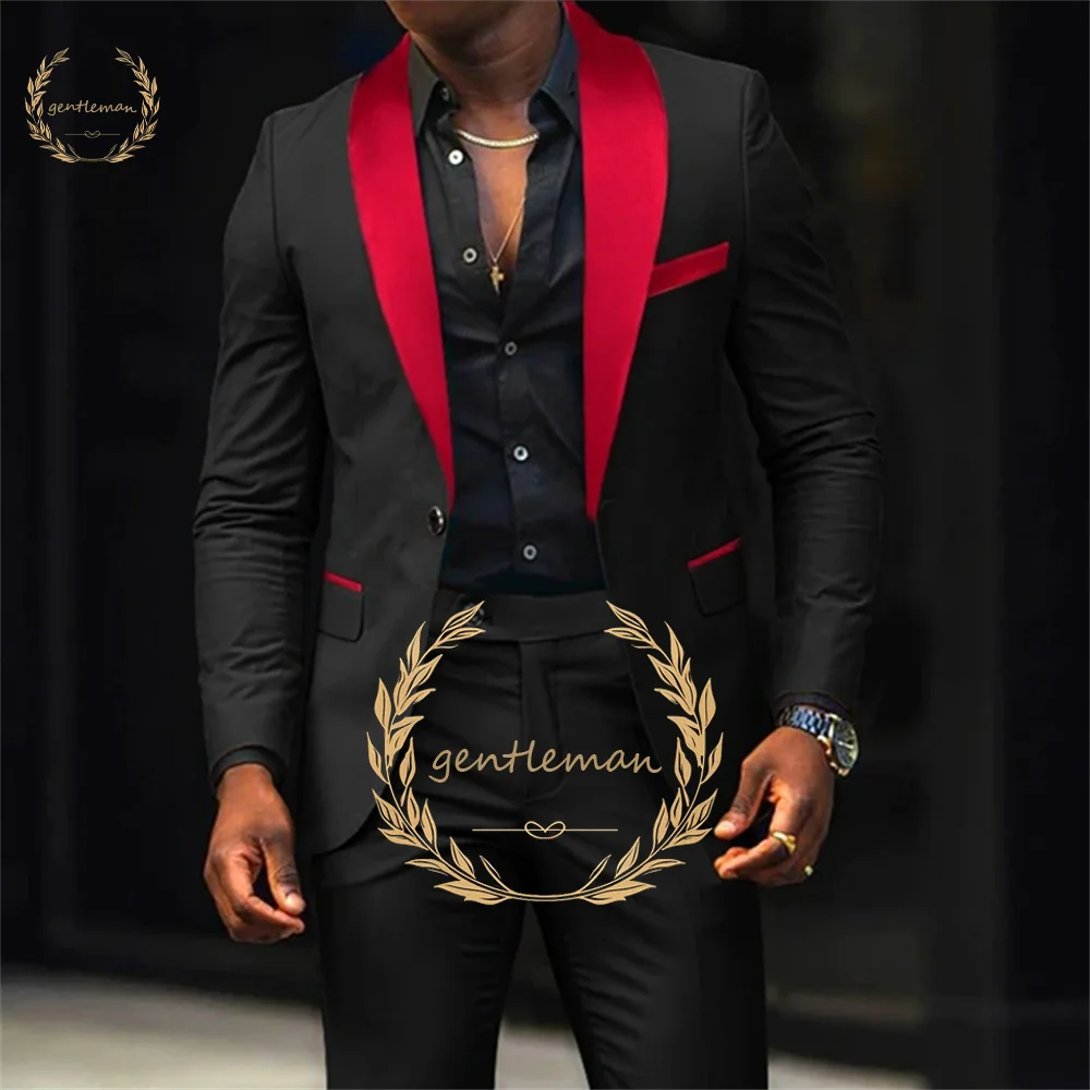 Men's black and red shawl one button suit, men's elegant slim fashion suit custom party cocktail casual tuxedo