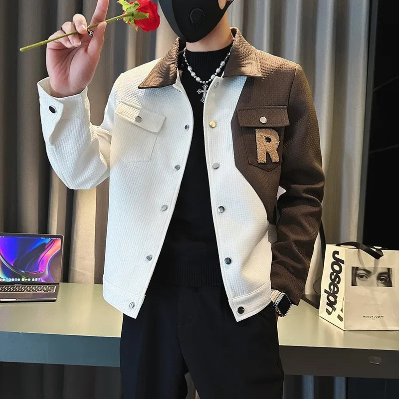 2024 New Spring and Autumn Color Contrast Trendy Slim Fit Coat for Men's Fashion Flip Collar Casual Jacket