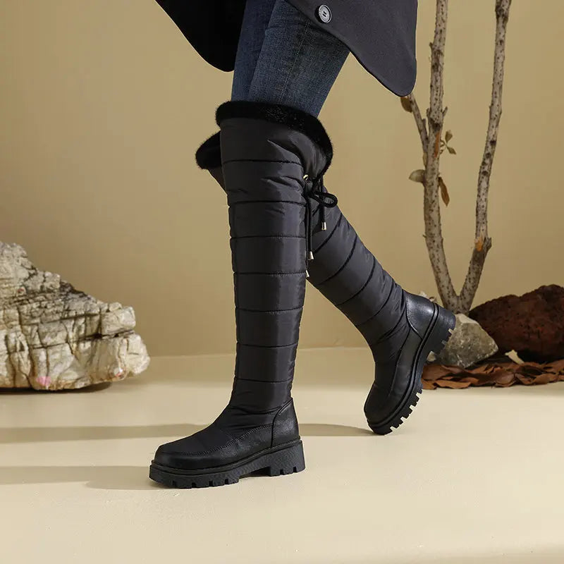 Warm Snow Boots Winter Thick Fleece Lining Women Shoes Waterproof Down Cotton Knee Length Long Boots Lace Up Warm Cotton Shoes