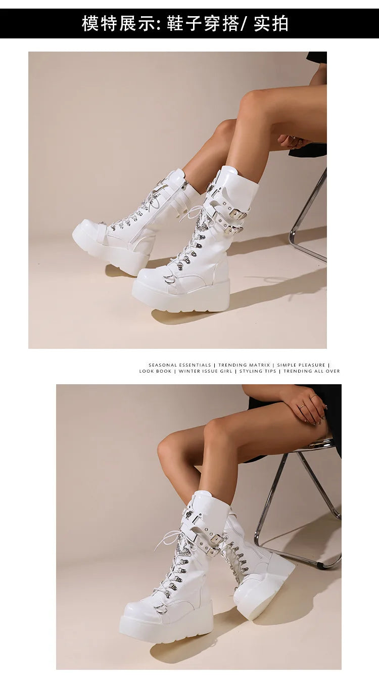 Ladies Platform Boots Fashion Chain Punk Goth Wedges 8cm High Heels Women's Boots Party Street Cosplay Woman Shoes Bota Feminina