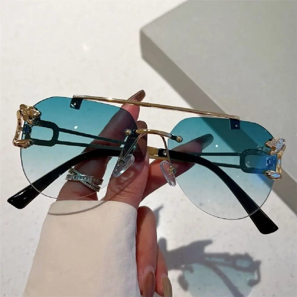 New Rimless Cheetah Decor Sunglasses Gradient UV400 Double Bridge Sun Glasses Shades for Women & Men