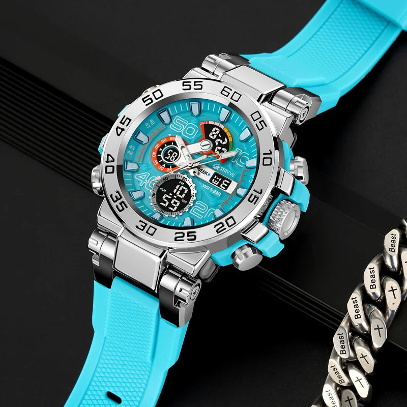 New STRYVE 8030 Men's Watch Fashion Sports Waterproof Wristwatch High Quality Digital-Analog Dual Movement Calendar Aralm Week