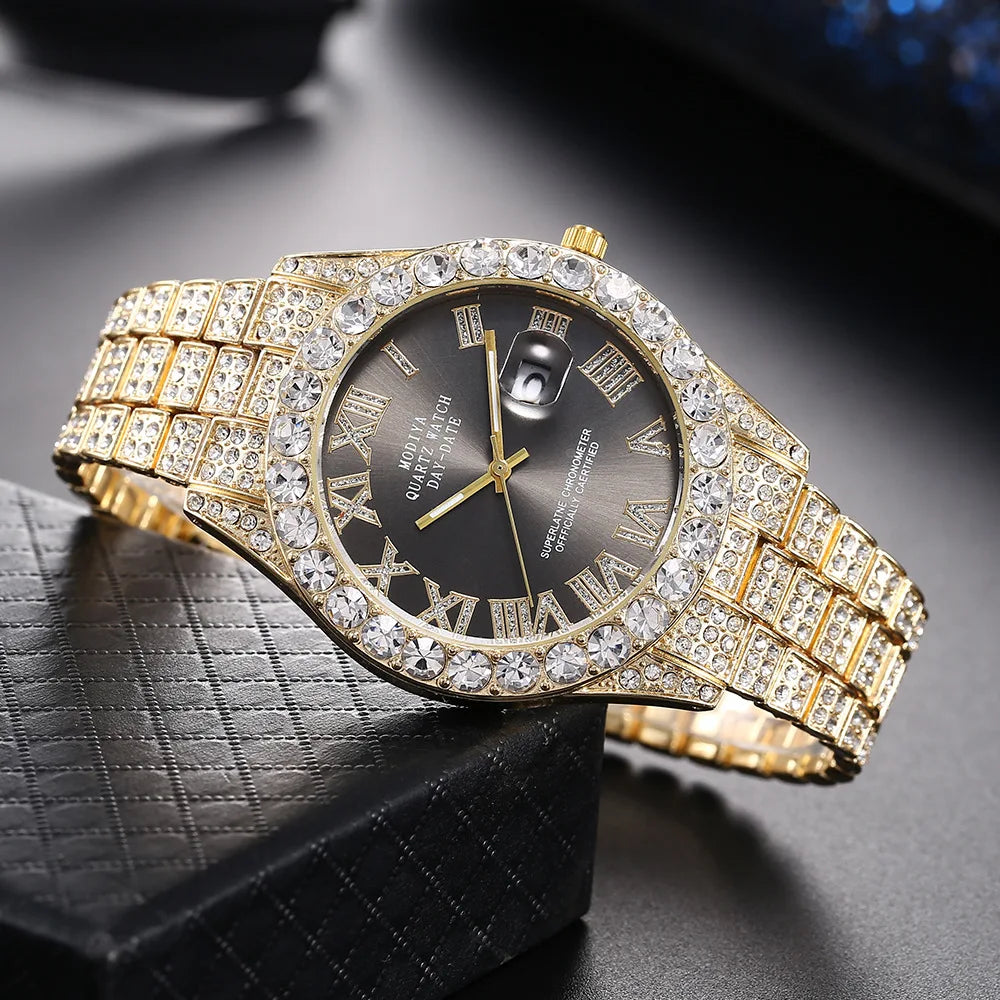 Classic Luxury  Golden Men's Steel Strap Roman Scale Rhinestone Calendar Quartz Watch Fashion Male Wristwatch Relogio Masculino
