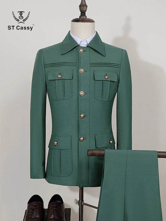 ST Cassy dark green Elegant Men's suit Classic Fit Multi Buckle Multi Pocket  Casual Business Set Men's 2-piece Set