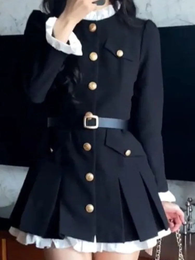 Elegant Woman Party Dress Slim Waist Single Breasted Robe Femme 2025 Vestidos De Mujer Vintage Y2k Contrast Color A-line Dresses