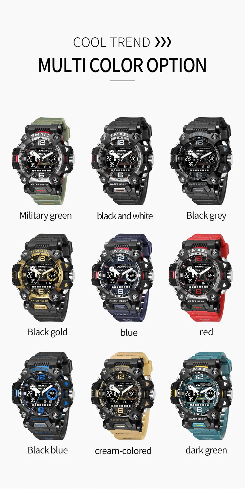 SMAEL Men Watches  50m Waterproof Sports Watch Military Man Sports Watch Digital 8072 Dual Display Watch  Quartz  Led Digital