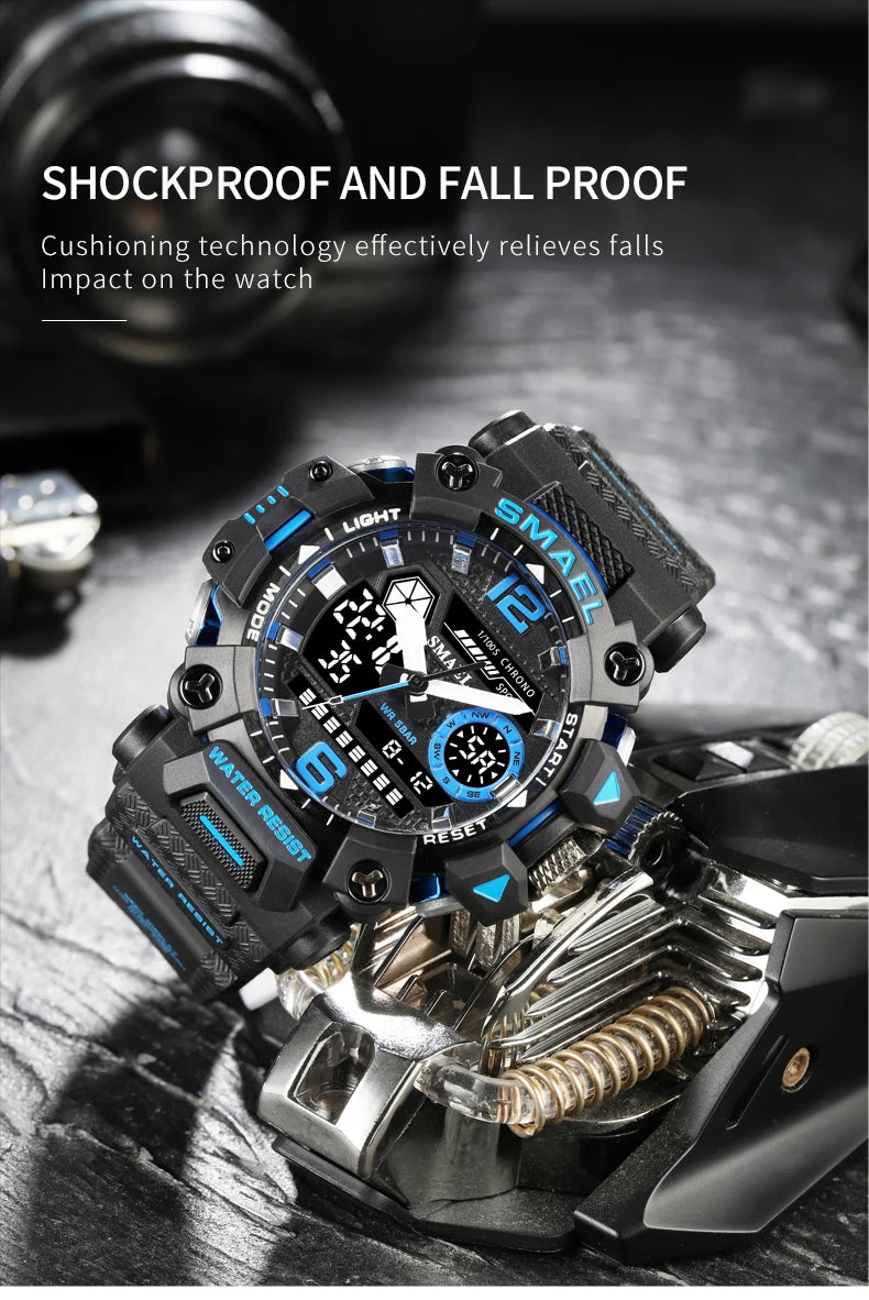 SMAEL Men Watches  50m Waterproof Sports Watch Military Man Sports Watch Digital 8072 Dual Display Watch  Quartz  Led Digital