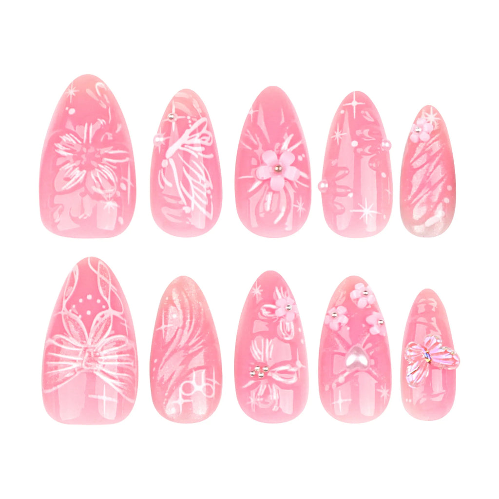 24pcs 3D Pink Flower False Nails Sweet French Almond Fake Nail Patch Full Cover Wearable Hand-painted Butterfly Press on Nails