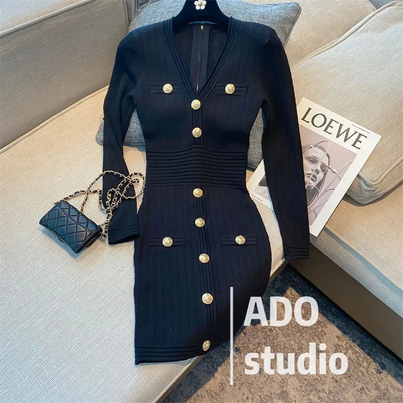 Elegant Long Sleeve Tweed Style Knit Dress Women's Autumn 2023 New V-neck Waist-fitted Slimming Dress Black