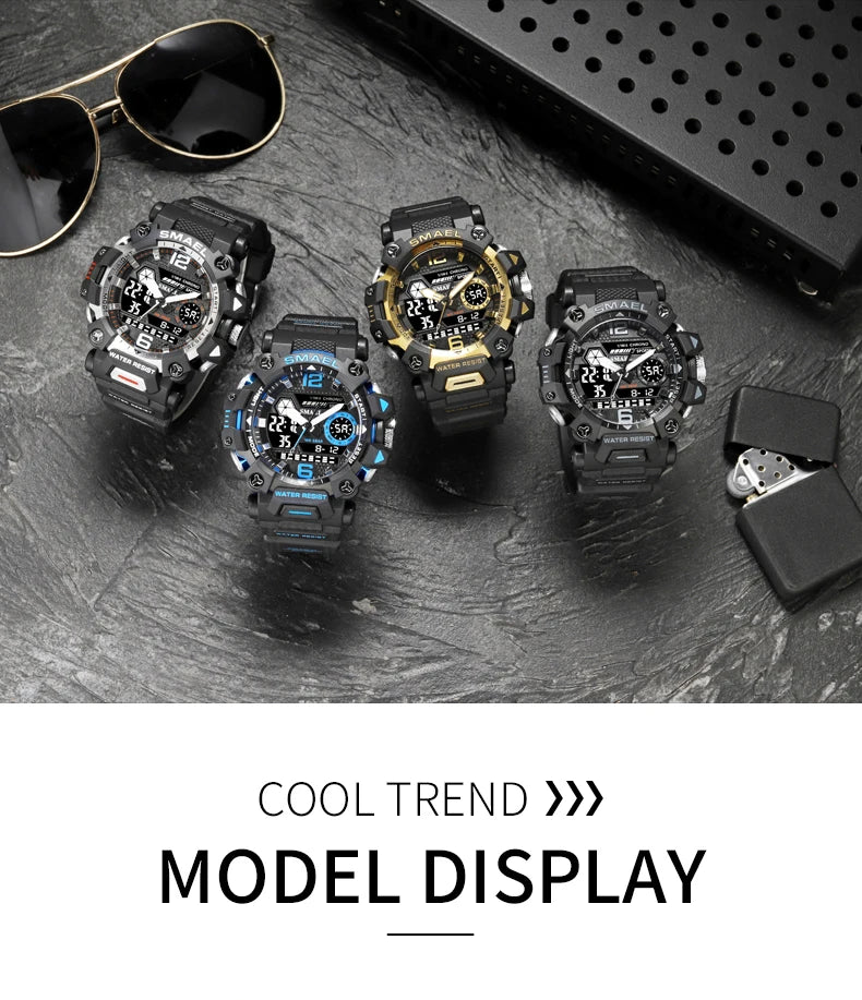 SMAEL Men Watches  50m Waterproof Sports Watch Military Man Sports Watch Digital 8072 Dual Display Watch  Quartz  Led Digital