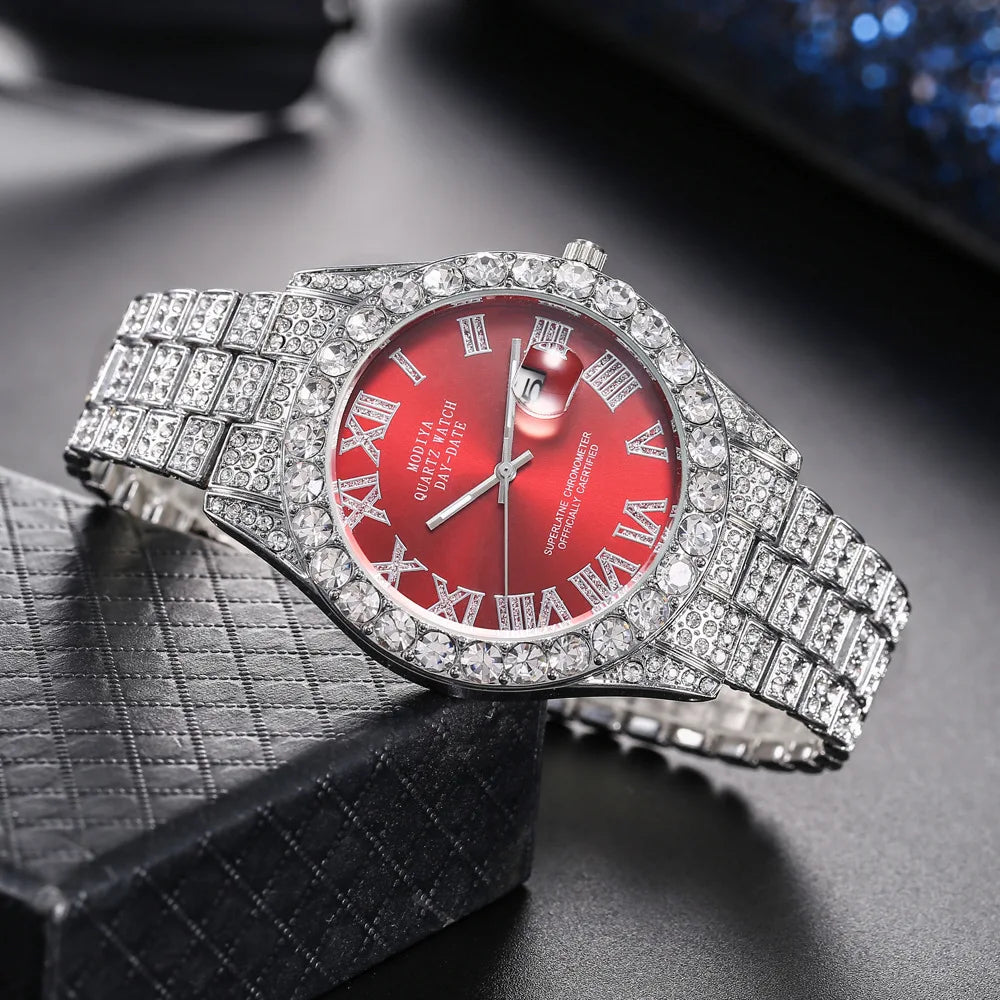 Classic Luxury  Golden Men's Steel Strap Roman Scale Rhinestone Calendar Quartz Watch Fashion Male Wristwatch Relogio Masculino