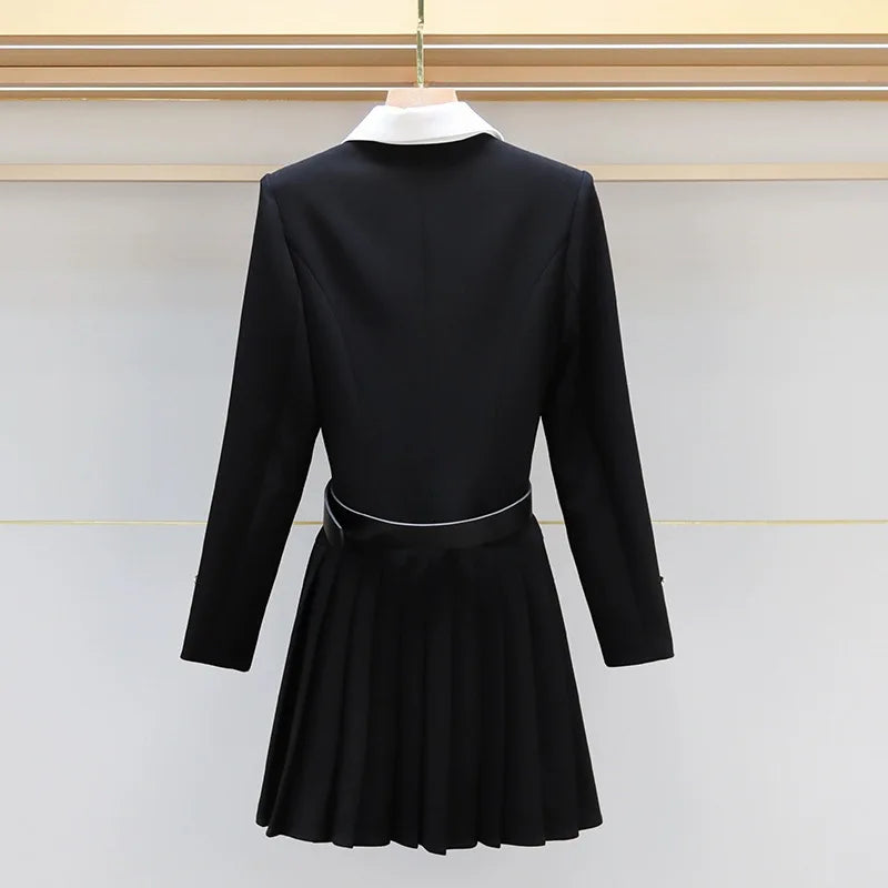TWOTWINSTYLE Hit Color Spliced Button Slimming Dresses for Women Lapel Long Sleeve Temperament Mini Dress Female Clothes