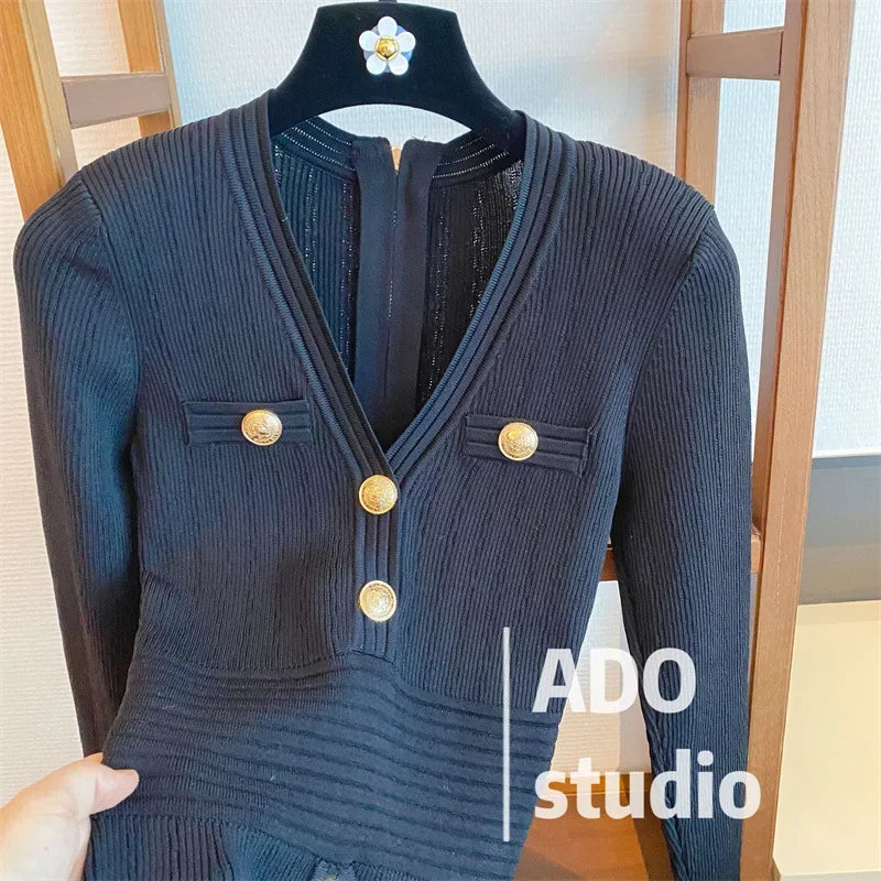 Elegant Long Sleeve Tweed Style Knit Dress Women's Autumn 2023 New V-neck Waist-fitted Slimming Dress Black