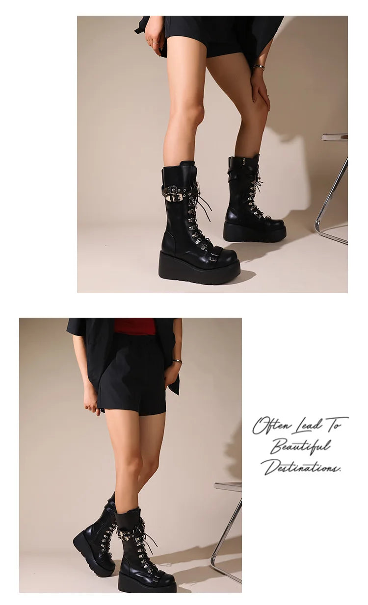 Ladies Platform Boots Fashion Chain Punk Goth Wedges 8cm High Heels Women's Boots Party Street Cosplay Woman Shoes Bota Feminina