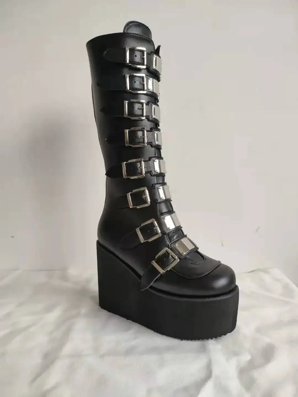 Women Boots Cosplay Ladies High Heel Platform Wedges Women High Boots  Buckle Strap Long Tube Leather Female Boots