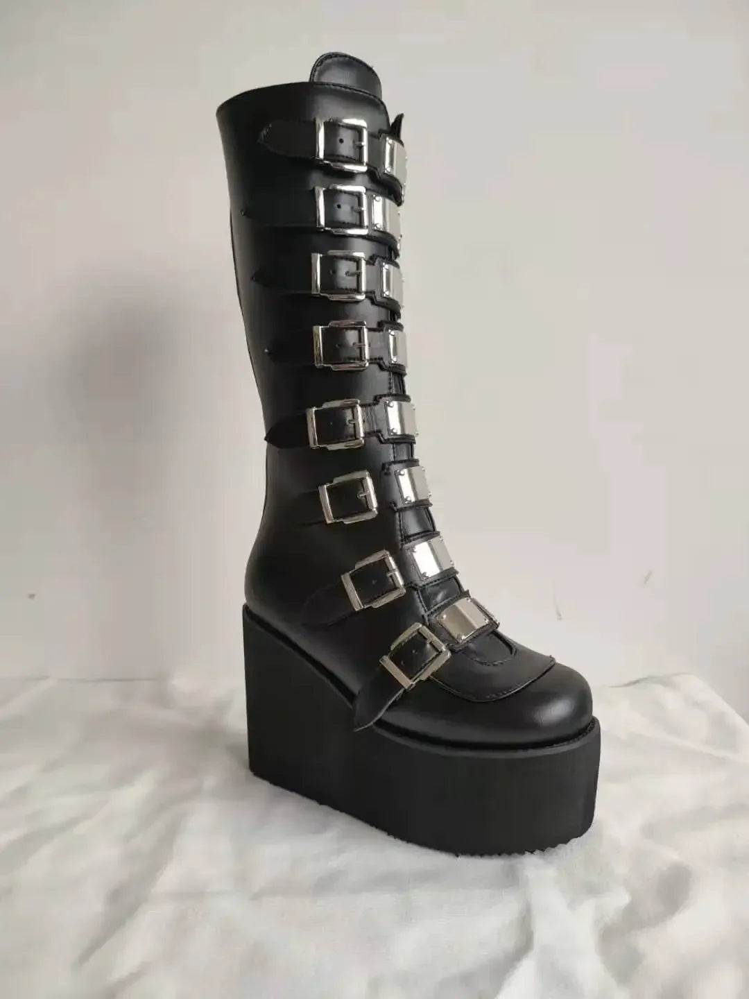 Women Boots Cosplay Ladies High Heel Platform Wedges Women High Boots  Buckle Strap Long Tube Leather Female Boots