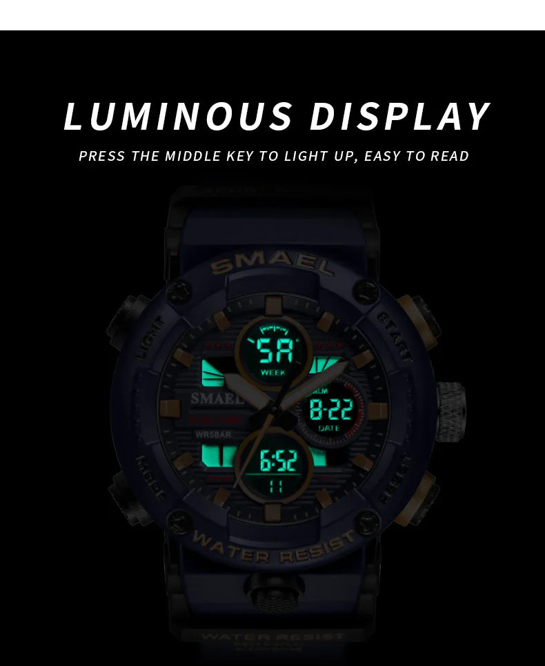 SMAEL Watch Men Waterproof LED Digital Watches Stopwatch Big Dial Clock For Male 8038 Sport Men Watches Quartz