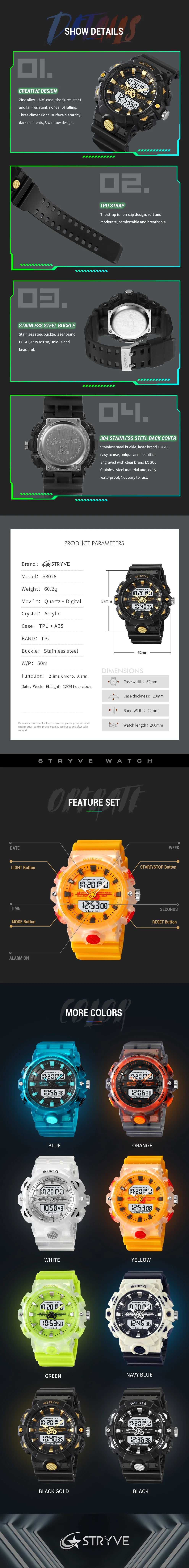New STRYVE Watch 8028 Digital-Analog Dual Movement Good Quality Men's Watches  5ATM Waterproof Watches Fashion Luminous Calendar