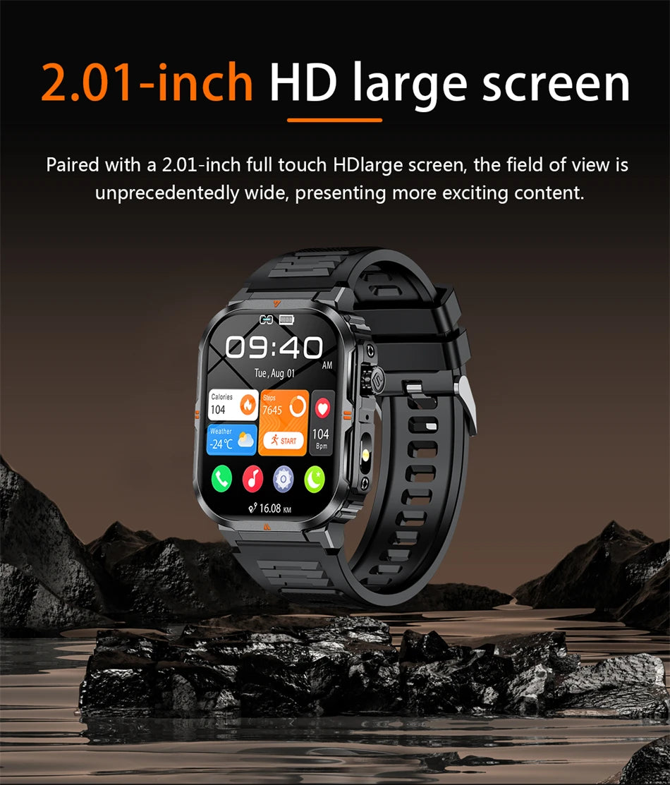 2025 New Professional Sports Smart Watch Men 2.01'' Large Screen Bluetooth Call Watches Flashlight Waterproof Outdoor Smartwatch