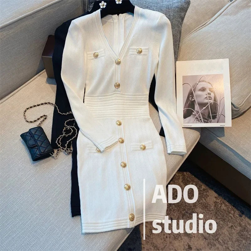 Elegant Long Sleeve Tweed Style Knit Dress Women's Autumn 2023 New V-neck Waist-fitted Slimming Dress Black