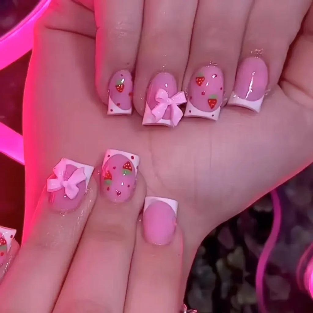 24Pcs/set Bows Press on Nails Short Square Fake Nail White French Tip False Nails with Pink Bow Charms Stick on Nails for Women