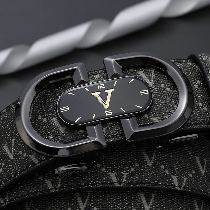Clock pattern automatic buckle men's belt, fashion letter buckle belt, business casual leather belt, leather suit belt