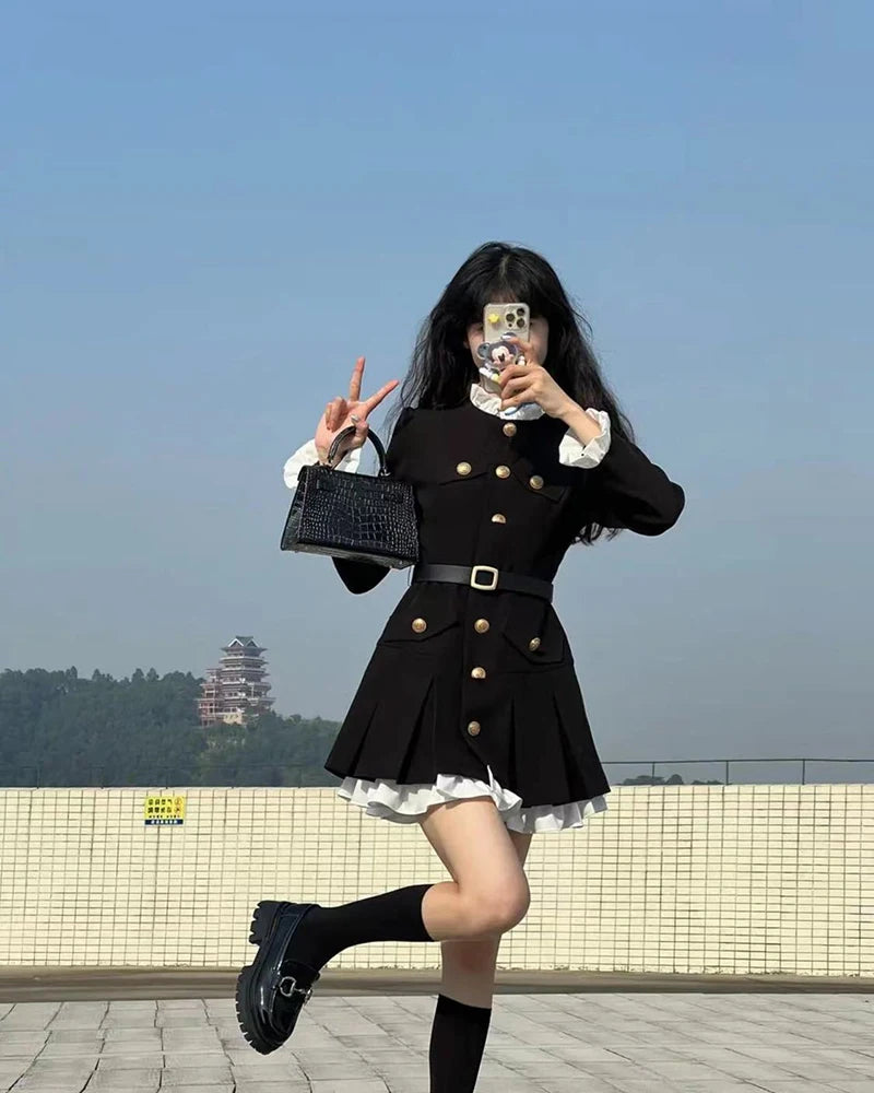 French Fashion Mini Dress Women Small Fragrance Long Sleeve Button Patchwork Suit Dresses Sweet Belt Slim O Neck Chic Vestidos