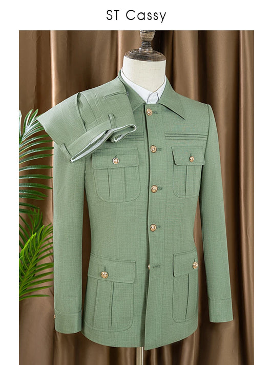 ST Cassy green Elegant Men's suit Classic Fit Multi Buckle Multi Pocket  Casual Business Set Men's 2-piece Set