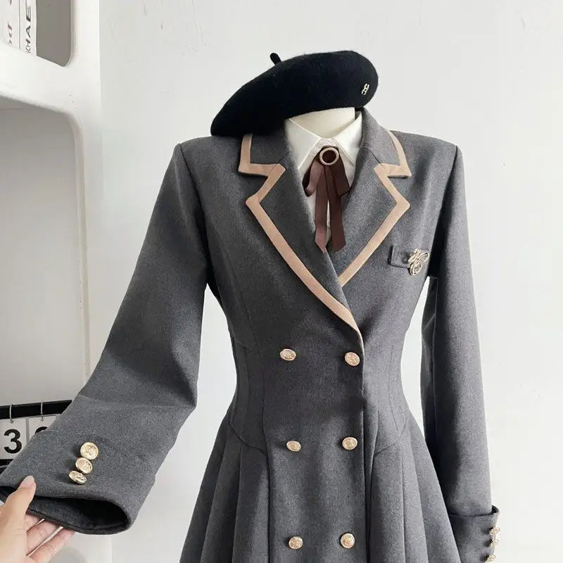 Korean Fashion Woolen Suit Dresses for Women Winter New College Style Sweet Waist up Slim High-end A-line Pleated Mini Dress