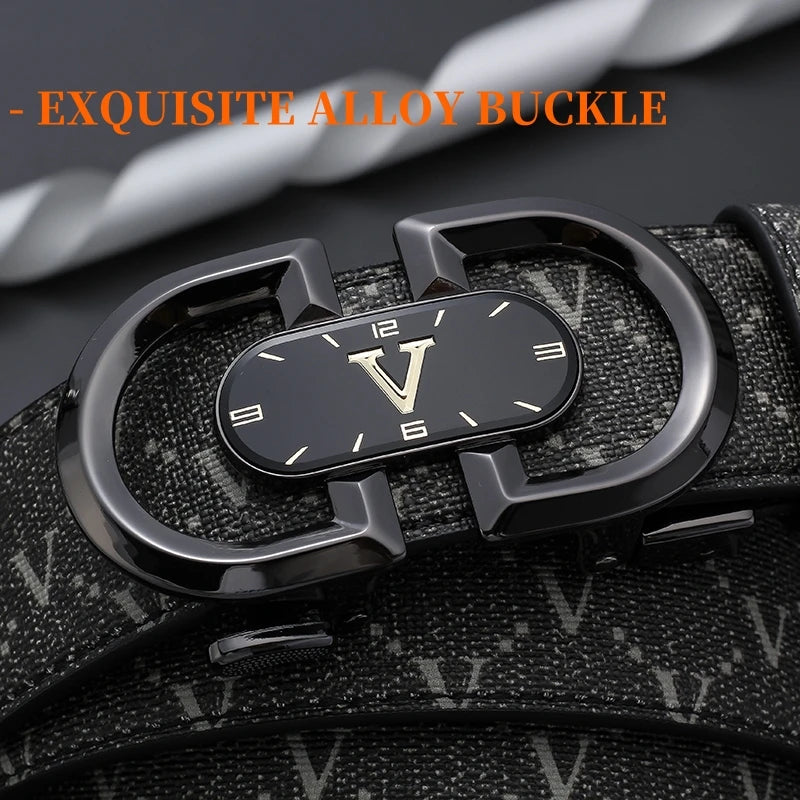 Clock pattern automatic buckle men's belt, fashion letter buckle belt, business casual leather belt, leather suit belt