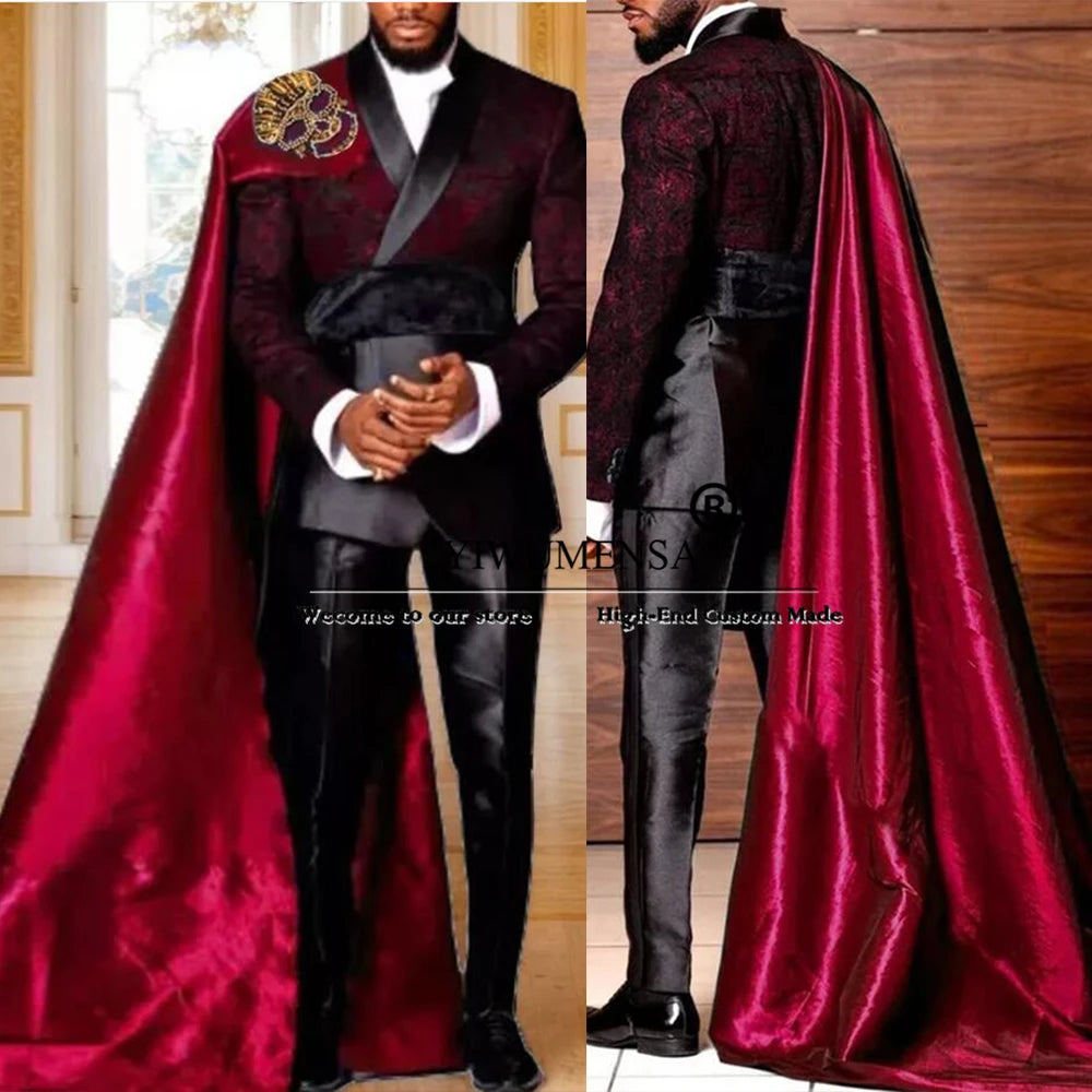 Elegance Suits Men Floral Prom Blazer With Cape Long Customized 2-Piece Set Man Formal Occasion Party Dress Groom Wedding Tuxedo