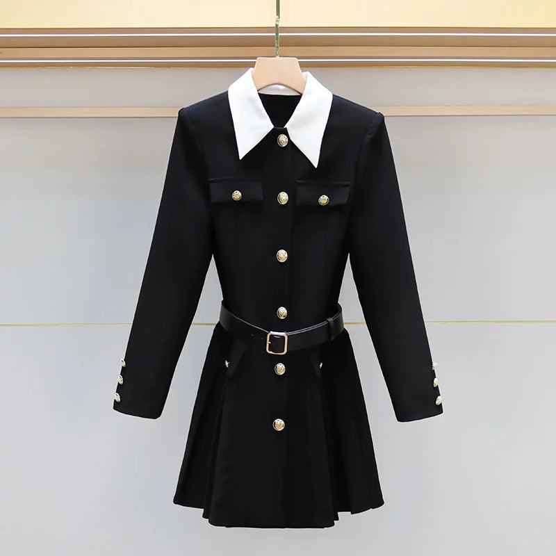 TWOTWINSTYLE Hit Color Spliced Button Slimming Dresses for Women Lapel Long Sleeve Temperament Mini Dress Female Clothes
