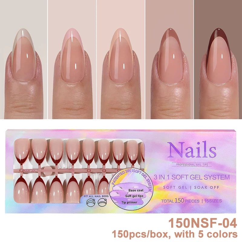 150Pcs/Box Acrylic Press on Nails Full Cover Fake False Tips Soft Gel Extension T-shaped Oval Capsule Almond Sculpted Salon DIY