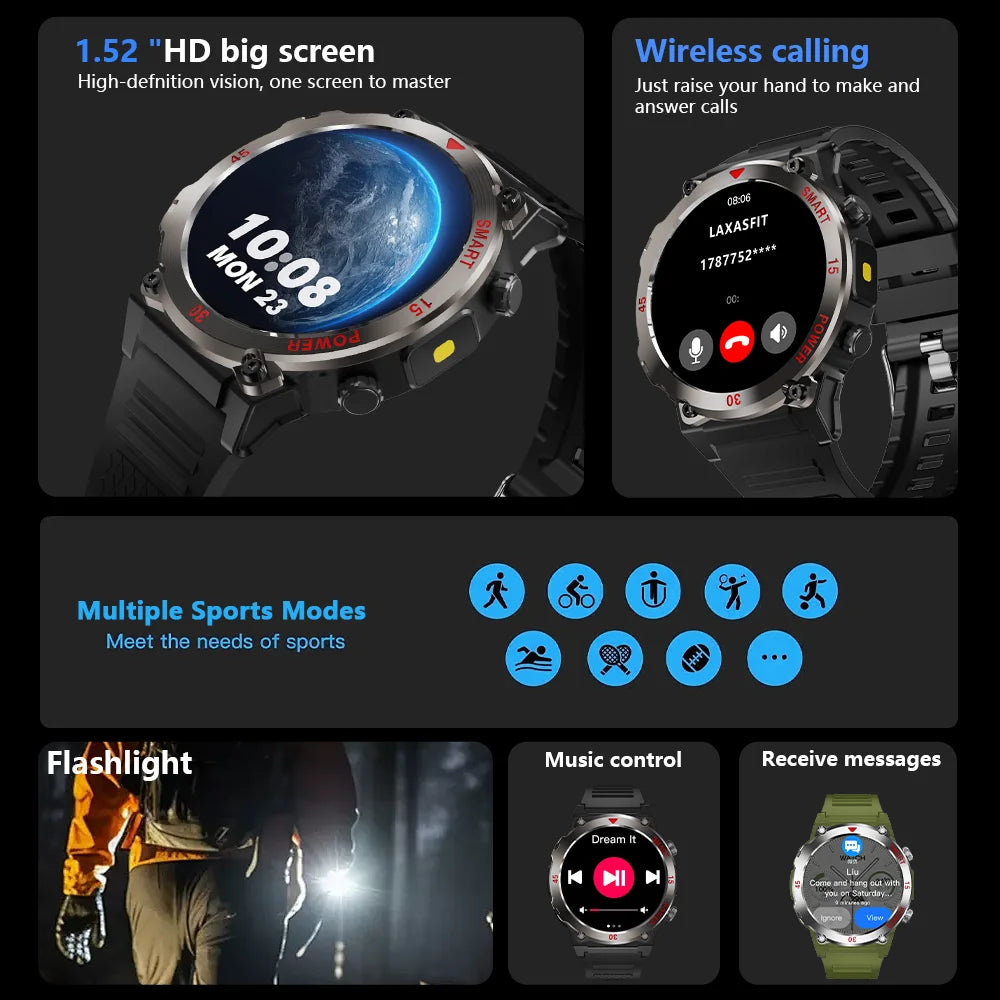 LAXASFIT 2025 New Durable Men's Smart Watch Outdoor Sports LED Flashlight High-Definition Screen Bluetooth Call Smartwatch