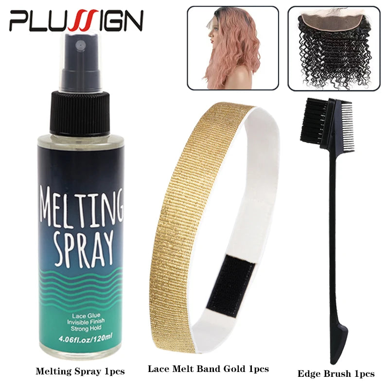 Wig Installation Kit Set Include 1Pcs 3In1 Hair Brush 1Pcs 120Ml Melting Spray For Lace Wigs 1Pcs Golden Shiny Elastic Headband