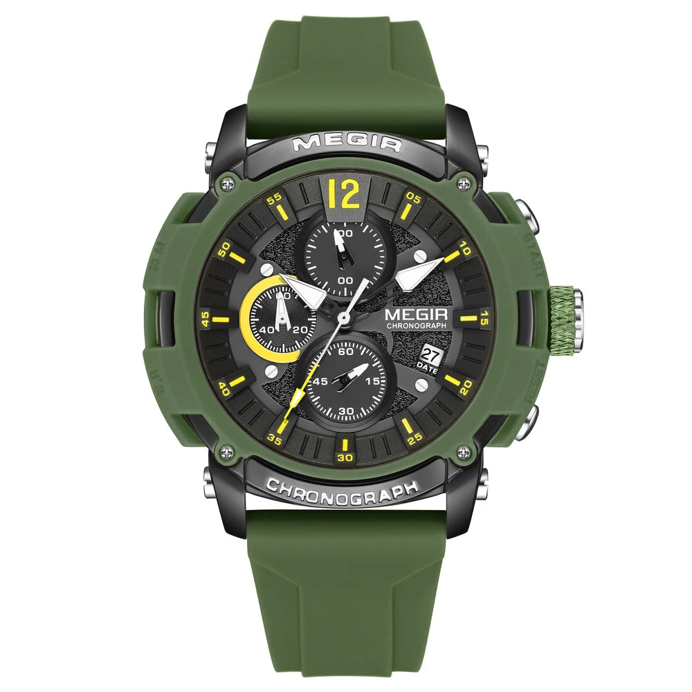 Megir Men's Chronograph Analog Quartz Watch for Men with Date Luminous Hands Orange Silicone Strap Waterproof Wristswatch Male