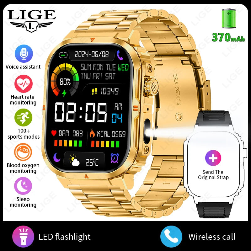 2025 New Professional Sports Smart Watch Men 2.01'' Large Screen Bluetooth Call Watches Flashlight Waterproof Outdoor Smartwatch
