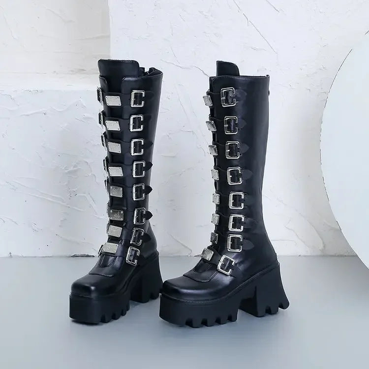 Women Boots Cosplay Ladies High Heel Platform Wedges Women High Boots  Buckle Strap Long Tube Leather Female Boots