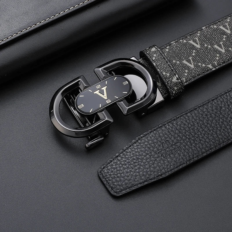 Clock pattern automatic buckle men's belt, fashion letter buckle belt, business casual leather belt, leather suit belt