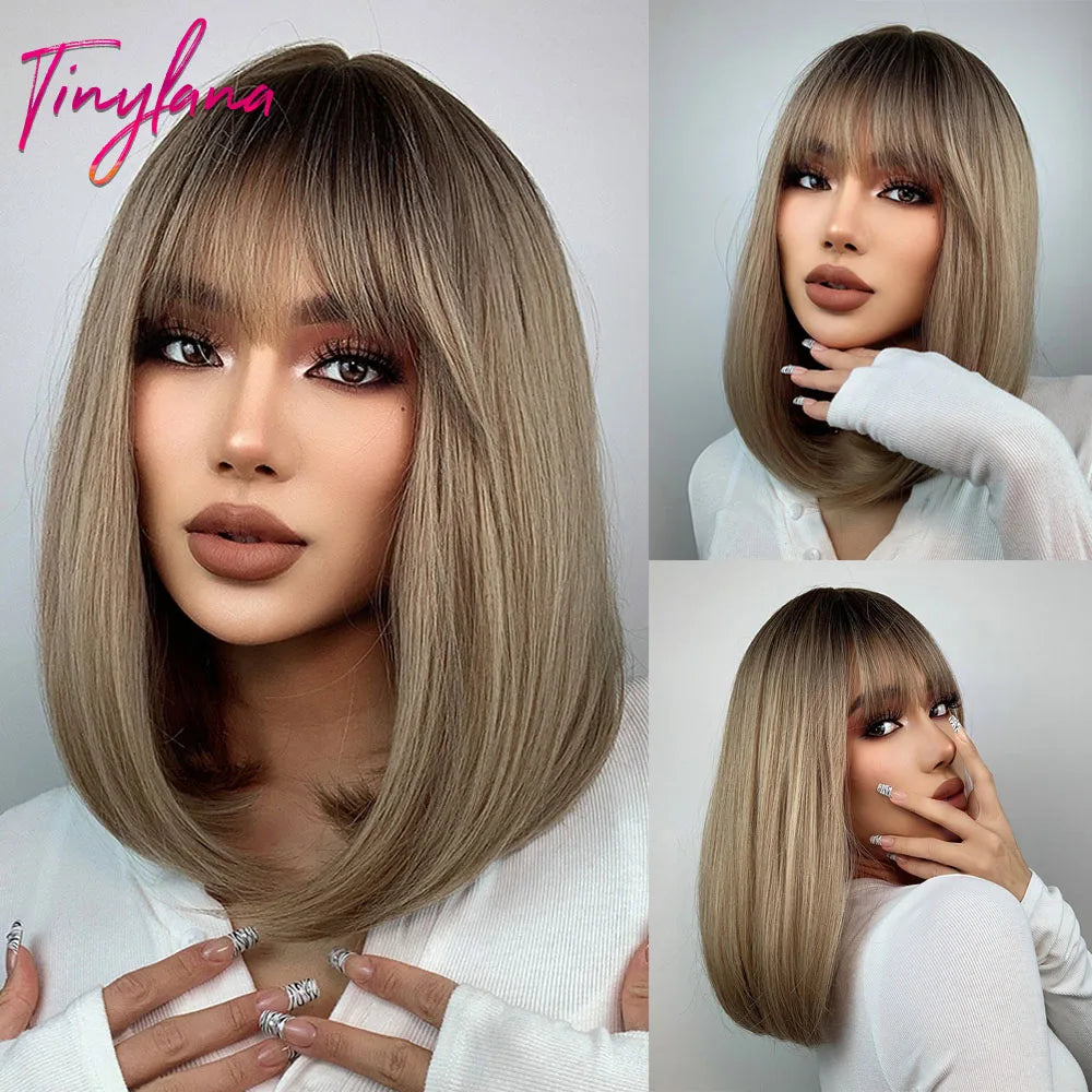 White Blonde Gray Synthetic Wigs with Bangs Short Straight Bob Hair Wig for Women Cosplay Daily Natural Hair Heat Resistant