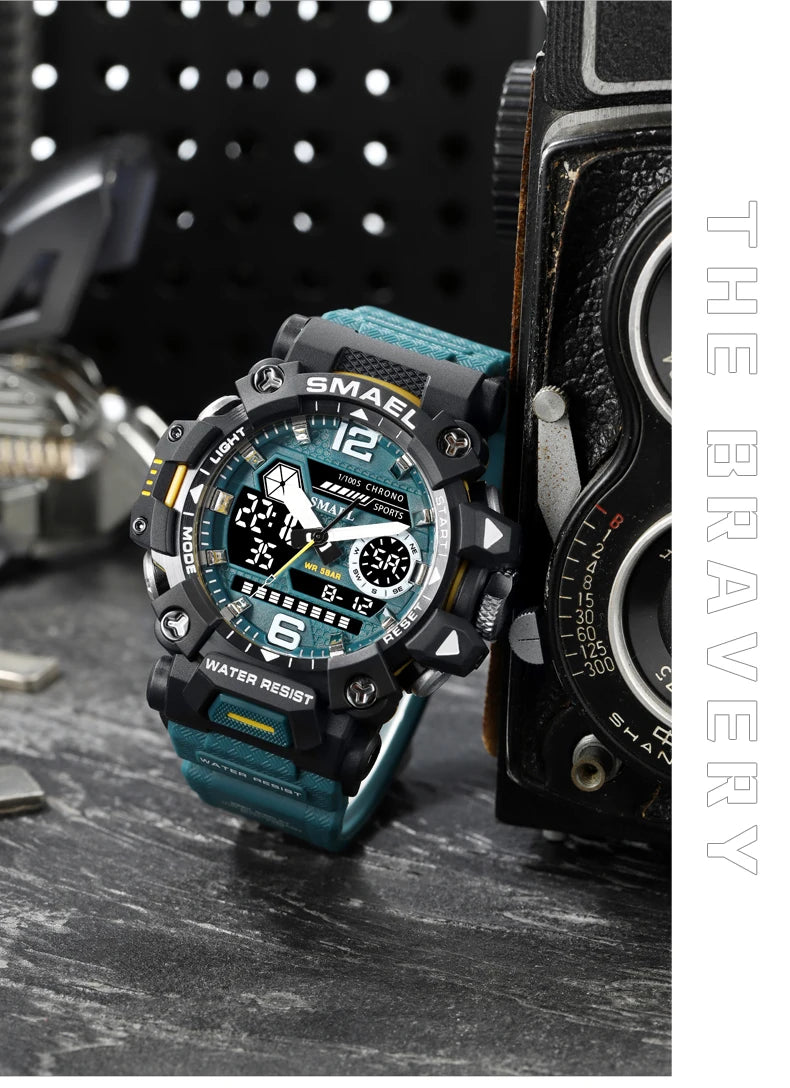 SMAEL Men Watches  50m Waterproof Sports Watch Military Man Sports Watch Digital 8072 Dual Display Watch  Quartz  Led Digital