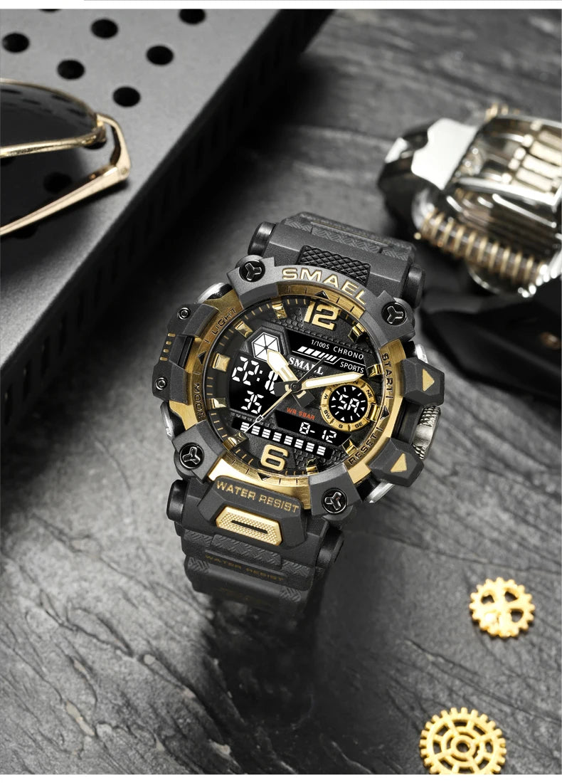 SMAEL Men Watches  50m Waterproof Sports Watch Military Man Sports Watch Digital 8072 Dual Display Watch  Quartz  Led Digital