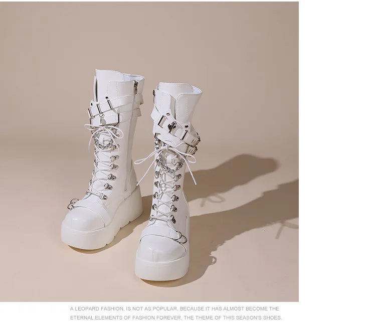 Ladies Platform Boots Fashion Chain Punk Goth Wedges 8cm High Heels Women's Boots Party Street Cosplay Woman Shoes Bota Feminina