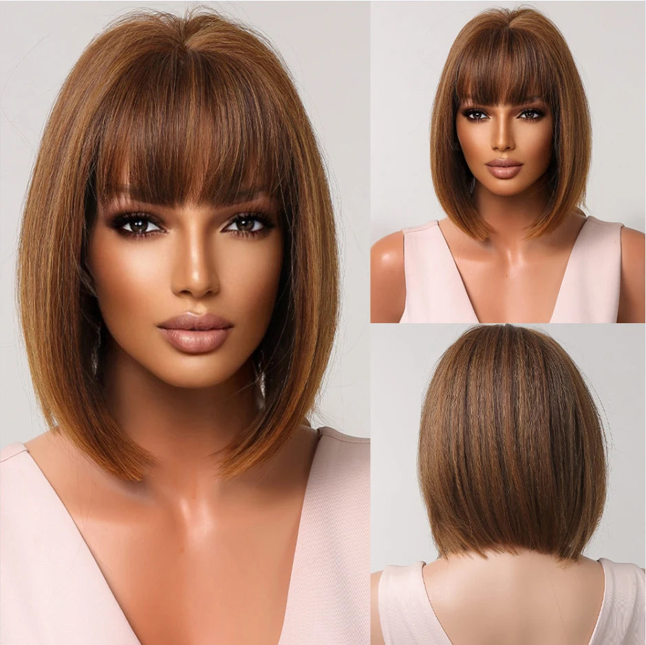 White Blonde Gray Synthetic Wigs with Bangs Short Straight Bob Hair Wig for Women Cosplay Daily Natural Hair Heat Resistant