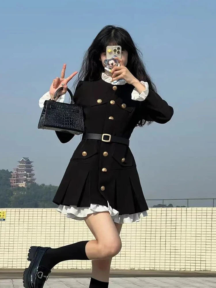 French Fashion Mini Dress Women Small Fragrance Long Sleeve Button Patchwork Suit Dresses Sweet Belt Slim O Neck Chic Vestidos