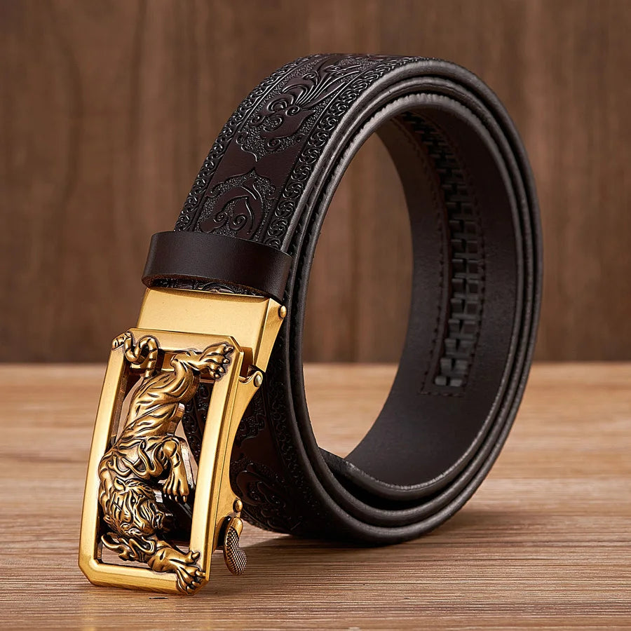 Fashion Tiger Buckle with Tang Grass Pattern Leather Belt for Men Work of Art Belt Automatic Buckle Business Belt