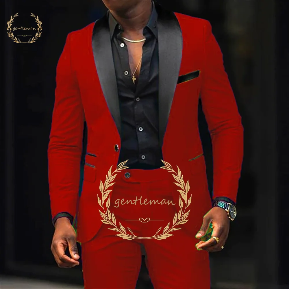 Men's black and red shawl one button suit, men's elegant slim fashion suit custom party cocktail casual tuxedo