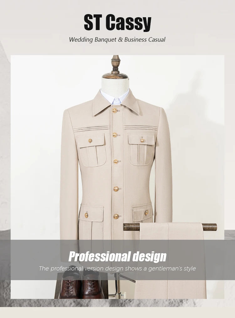 ST Cassy dark green Elegant Men's suit Classic Fit Multi Buckle Multi Pocket  Casual Business Set Men's 2-piece Set